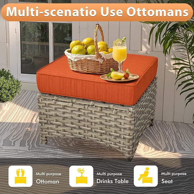 9 PCS Outdoor Patio Furniture Sets,Patio Conversation Sets Outside Rattan Soft Cushion Sofa with 2 Wicker Rocking Chairs & 54 in Fire Pit Table Fit Backyard Garden Poolside Balcony,Coarse Stripes Red