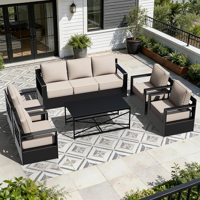 Outdoor Aluminum Furniture Set, 6-Piece Patio Conversation Set, 4 Chairs 1 Sofa and 1 Table, All-Weather Metal Frame, 6" Thick Removable Cushions, Deep Setting for Garden, Poolside and Porch