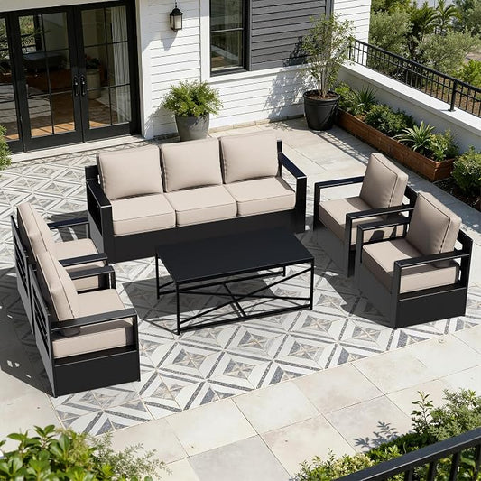 Outdoor Aluminum Furniture Set, 6-Piece Patio Conversation Set, 4 Chairs 1 Sofa and 1 Table, All-Weather Metal Frame, 6" Thick Removable Cushions, Deep Setting for Garden, Poolside and Porch