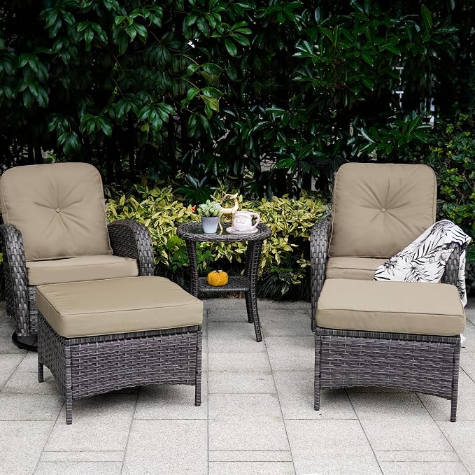 Patio Furniture Conversation Set with Ottomans, 5 Piece Wicker Patio Swivel Rocking Chairs with 360° Swivel Glider and Glass Coffee Table for Porch, Deck, Garden,Beige