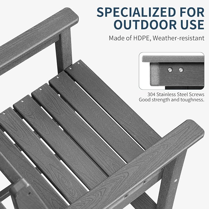 Adirondack Chairs Set of 4, All Weather HDPE Counter Height Bar Chair with Wide Armrests & Footrest, Heavy-Duty Outdoor Bar Height Barstools Set for Patio, Balcony, Pool, Backyard, Grey