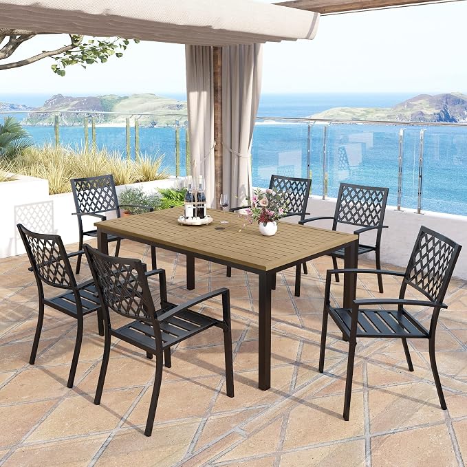 MFSTUDIO Outdoor Dining Set for 6, Metal Patio Dining Set with Umbrella Hole, 7 Piece Patio Table and Chairs Set for Deck Backyard Poolside Garden