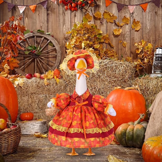 FuWeave Fall Porch Goose Outfit Maple Goose Costume Fancy Porch Geese Clothes with Wide Hat for 23" 17" Outdoor Patio