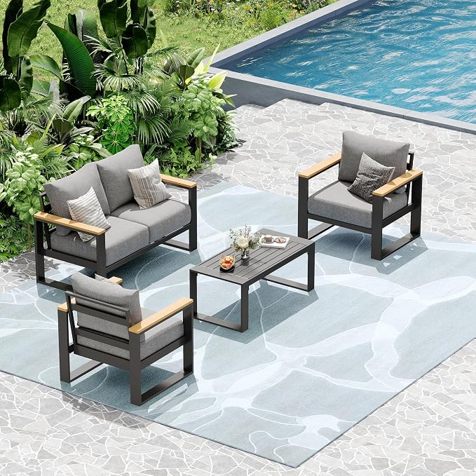 Aluminum Patio Furniture Set, 4 Piece Metal Outdoor Furniture Set with 6″ Thick Washable Cushions & Coffee Table, All Weather Patio Conversation Sets for Yard, Poolside, Garden (Grey)