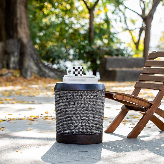 Outdoor Side Table, Small Round Pedestal End Table with Rope Texture & Vintage Trim, Farmhouse Boho Accent Table for Indoor Outdoor Living Room Bedroom Patio, No Assembly, 15.7" D x 18.1" H