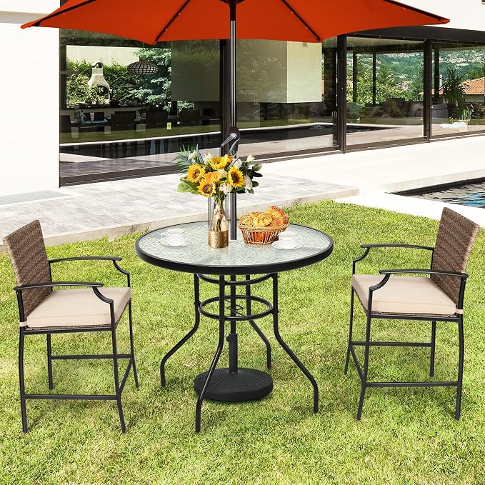 DREAMADE 32 Inch Patio Table, Outdoor Dining Furniture w/ 1.65” Umbrella Hole, Sturdy Metal Frame with Tempered Glass Top, Small Accent Bistro Coffee Table for Deck, Balcony, Garden, Pool, Backyard