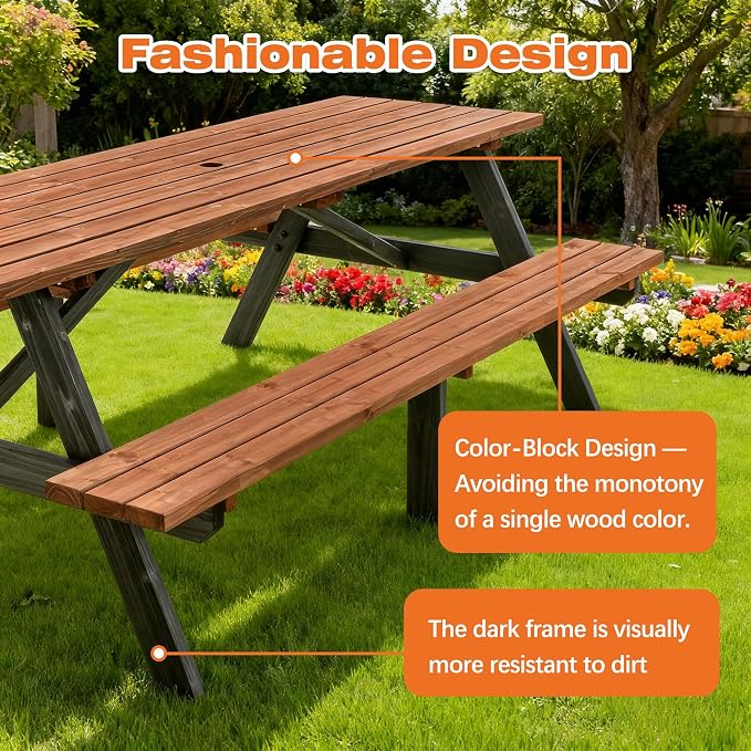 Hohuqeri Picnic Table Bench Set for 8 Persons, 6FT Large Camping Table, Wood Outdoor Dining Beer Table Set with 2” Umbrella Hole, for Patio Lawn Garden (Brown & Black)
