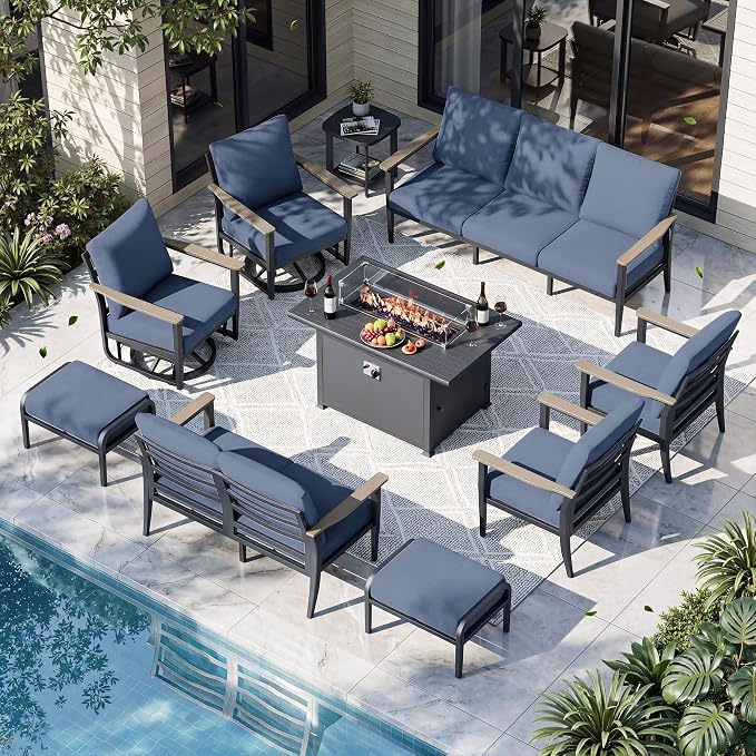 Aluminum Outdoor Patio Furniture Set with Swivel Rocking Chairs 11-Seat, Patio Sectional Sofa with Ottomans Patio Conversation Set with 55,000 BTU Fire Pit Table & High Backrest, Navy Blue