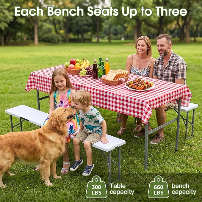 Camping table folding table and chairs foldable picnic table Portable White | Folding Table and Bench Set: 6-ft portable picnic table with two attached benches. Ideal for camping,BBQ and outdoor events