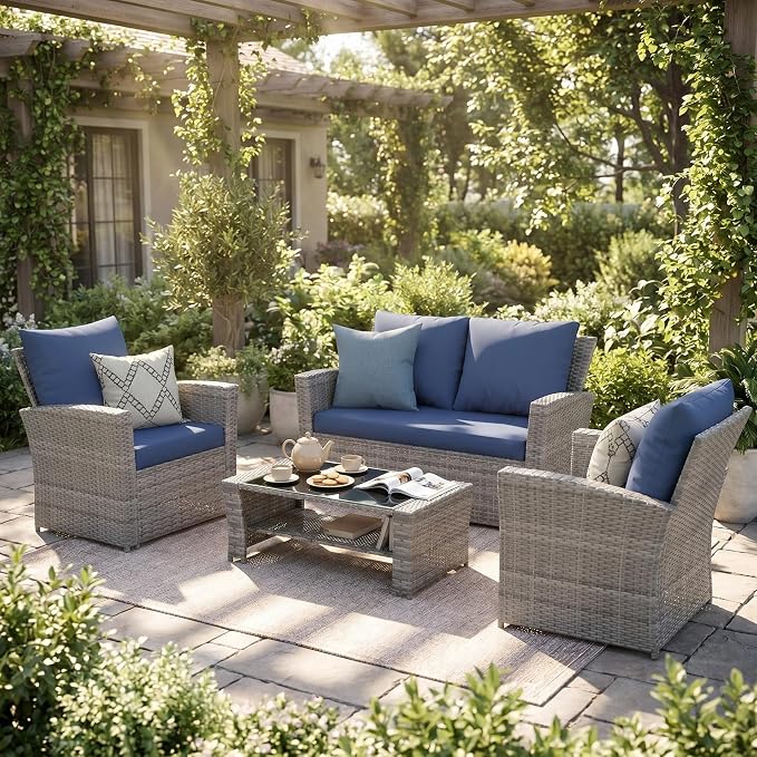 UDPATIO Patio Furniture Set, Outdoor Furniture Sets with Loveseats Sofa, Wicker Rattan Outdoor Conversation Set with Storage CoffeeTable for Backyard, Deck, Porch, Grey/Navy