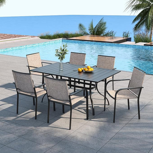 Patio Dining Set of 7 with Beige Gray Stackable Chairs, 63" Rectangle Table | 6 Psc Stackable Chairs, Textilene Seat&Back, Metal Table, Slat Table Top, 6 Person Use, 1.57"-1.9" Umbrella Hole, All Weather