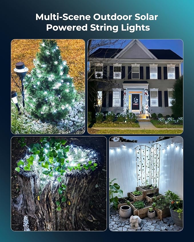 Solar Fairy Lights,33Ft 100 LED Solar String Lights with 8 Modes Pure White | IP65 Waterproof Solar Twinkle Lights Outdoor & Indoor, Patio Lights for Tree Garden Party Wedding Christmas Decoration