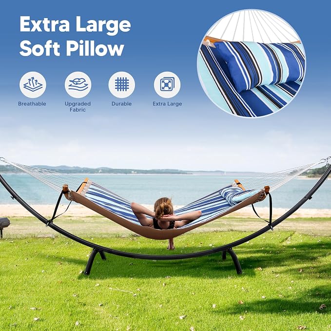 SUNCREAT Portable Outdoor Hammock with Stand, Double Hammock with Stand for Outside, Patent Pending, Blue & White