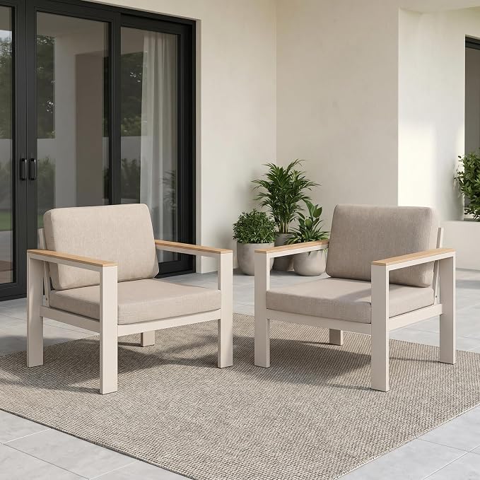 Aluminum Outdoor Patio Chairs Set of 2,Patio Furniture Chairs with 5-Inch Water-Resistant Cushions, Powder-Coated Frame for Porch, Deck, Backyard, Poolside,Beige