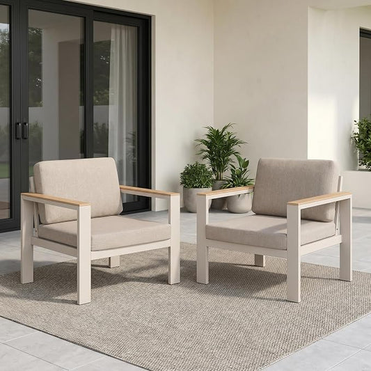 Aluminum Outdoor Patio Chairs Set of 2,Patio Furniture Chairs with 5-Inch Water-Resistant Cushions, Powder-Coated Frame for Porch, Deck, Backyard, Poolside,Beige