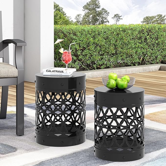 Set of 2 Metal Outdoor Side Tables, Black Round Patio End Tables, Weather Resistant Accent Stools, Hollow Geometric Cutout Design, Indoor & Outdoor Decorative Tables for Garden, Balcony, Living Room