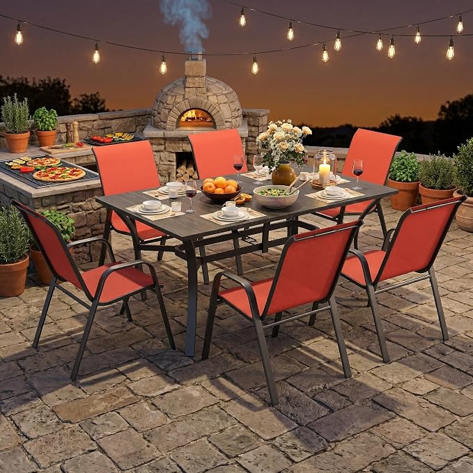 KEIKI 7-Piece Outdoor Patio Dining Set, Waterproof Patio Table and Chairs for 6, Rectangular Wood-Grain Metal Table with Umbrella Hole for Lawn Garden Backyard, Black+Red