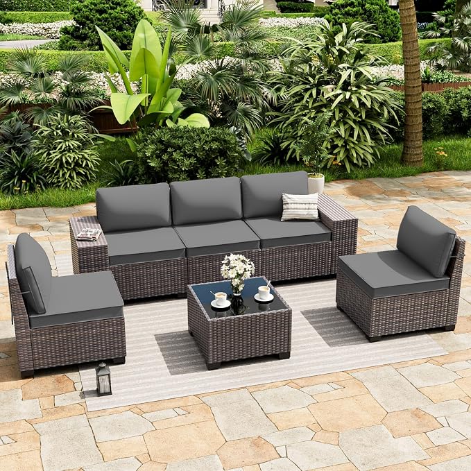 ALAULM 6 Pieces Patio Furniture Set, Oversized Seat/Armrest Sofas and High Back Wicker Sectional Furniture Set with Thick Cushion for Backyard, Garden, Grey