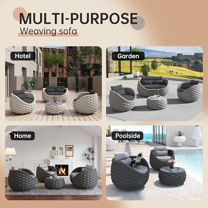 Outdoor 4 PCS Patio Conversation Set, All-Weather Wicker Patio Couch Sofa with Waterproof Thick Cushion Coffee Table for Porch, Balcony Mix Color