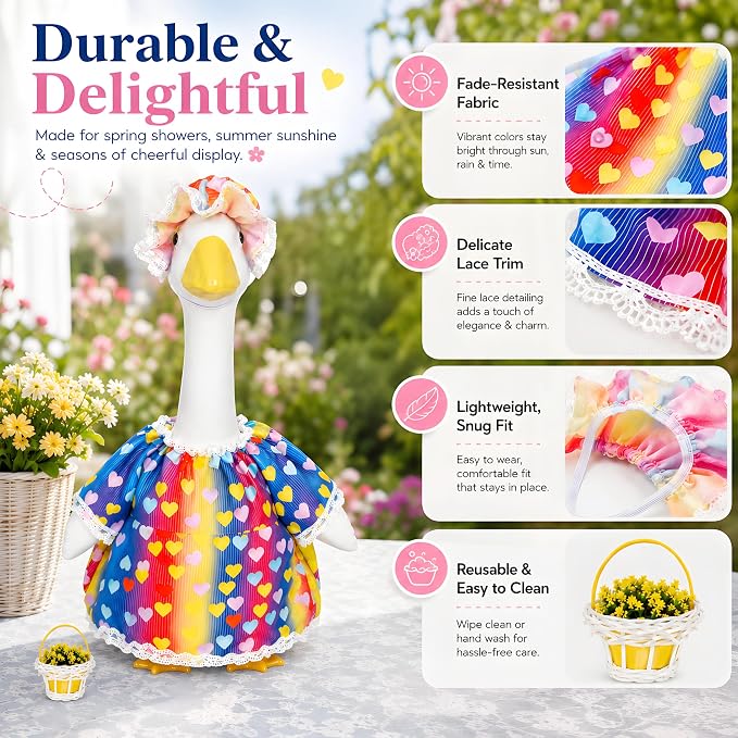 Funny 3-Piece Heart Print Porch Goose Outfits Set, Vintage Lace Trim Dress, Matching Bonnet & Flower Basket, Spring/Summer Yard & Lawn Goose Costume for 23" Statue, Outdoor Patio Garden Decoration