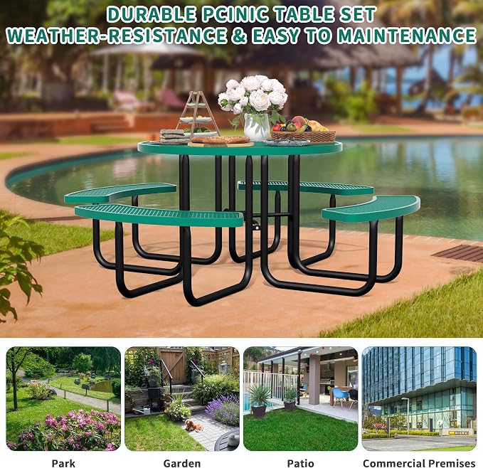 46'' Round Metal Picnic Table for Outdoors, Commercial Steel Metal Picnic Tables, Heavy Duty Sturdy Picnic Tables Furniture Set for Patio Garden Courtyard BBQ, with Umbrella Hole, Green