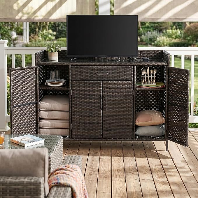 53.2"W Outdoor Weather-proof Rattan Storage Cabinet with Tempered Glass Desktop,Outdoor Wicker Bar Table with One Large Drawer & Adjustable Shelves for Patio, Backyard,Garden,Pool (Black+Brown#81)