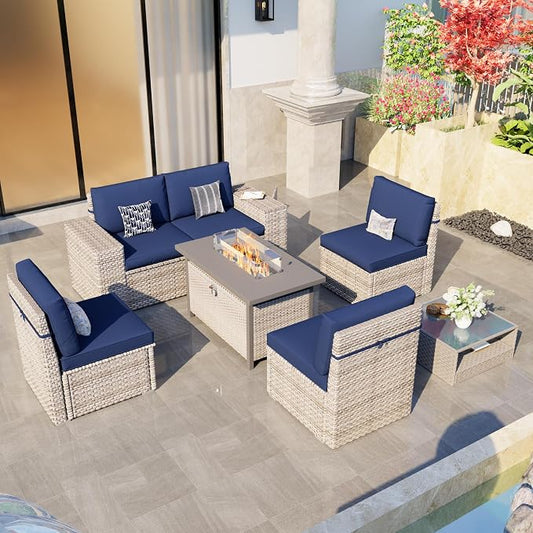 7-Piece Patio Furniture Set, Outdoor Patio Conversation Set with 60,000 BTU Fire Pit Table, PE Rattan Wicker Sectional Sofa with Large Capacity Seats,Widened Armrests, Extra High Backrest, Navy Blue