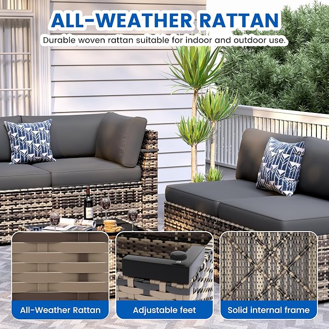 8 Pieces Outdoor Patio Furniture Set with 44" Fire Pit Table Yellow Rattan Sectional Conversation Sets w/Gas Fire Pit, Coffee Table, 1 Waterproof Covers, Dark Grey