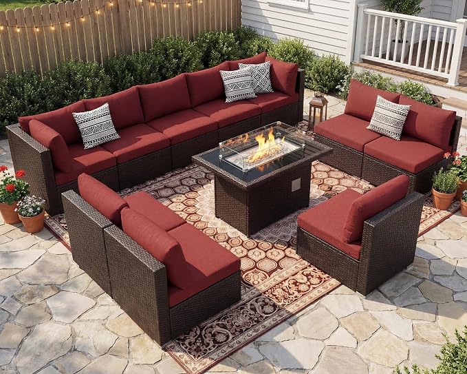 NICESOUL 11 Piece Modern Outdoor Patio Furniture Set with Firepit Propane/Natural Gas, 29.3'' High Back Wicker Conversations, 10 Seater Large Wide Sectional for Outside, Brown Rattan and Red Cushion