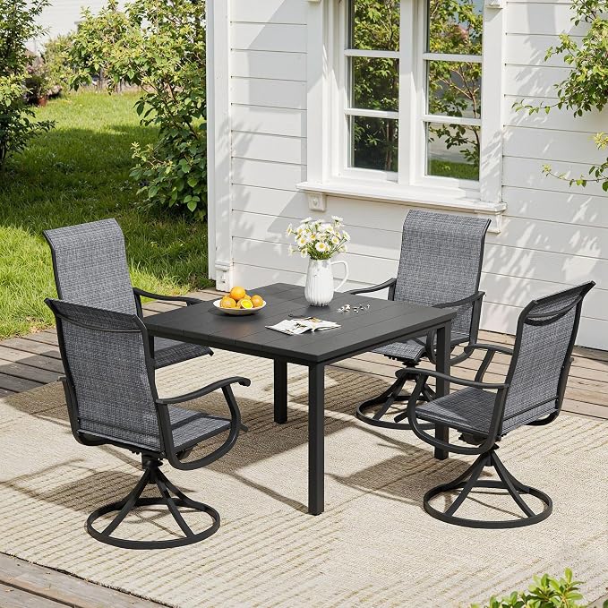 VICLLAX 5 Pieces Patio Dining Set, Patio Furniture Set of 4 Patio Swivel Dining Chairs and Square Patio Table, Dark Charcoal Chairs & Black Tabletop