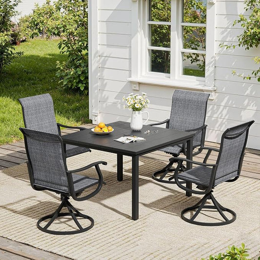 VICLLAX 5 Pieces Patio Dining Set, Patio Furniture Set of 4 Patio Swivel Dining Chairs and Square Patio Table, Dark Charcoal Chairs & Black Tabletop