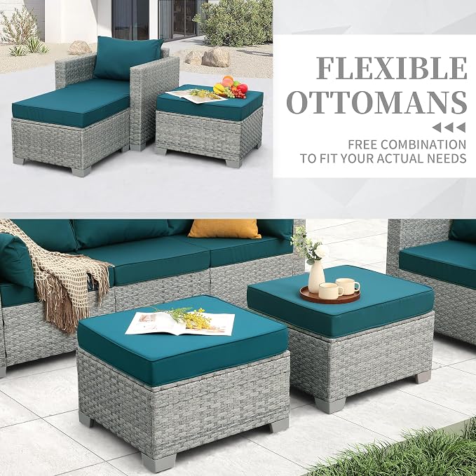 WAROOM Patio Furniture Set 6 Piece PE Rattan Outdoor Conversation Sets Grey Wicker Couch Sectional Sofa with Fire Pit Table and Peacock Blue Cushion