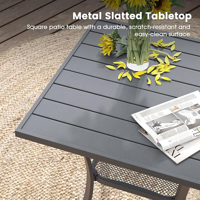 DIFY 27.6" Small Square Outdoor Dining Table for 2, Slatted Metal Patio Table with Storage Shelf, All-Weather Patio Dining Table for Garden Backyard Deck, Grey Tabletop