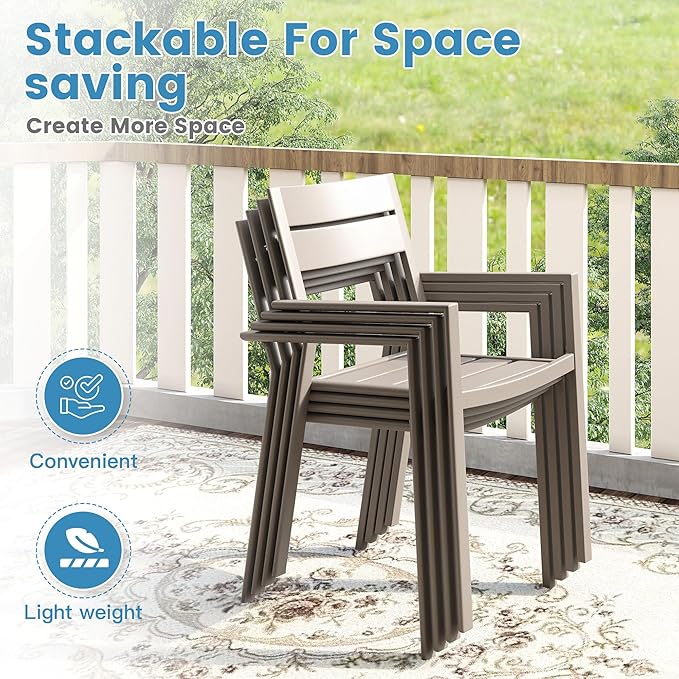 DIFY 7 Piece Outdoor Patio Dining Set for 6, 47.2" Round Dining Table with Umbrella Hole and Stackable Metal Chairs, Patio Table and Chairs Set for Backyard Garden Poolside, Grey Wood-Like & Sandshell