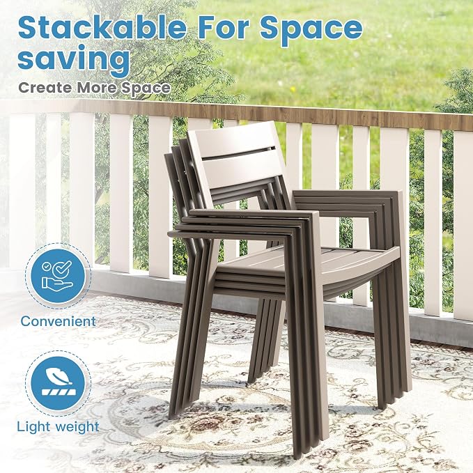 DIFY 7 Piece Outdoor Patio Dining Set for 6, Patio Table and Chairs Set with Umbrella Hole, 47.2" Round Dining Table and Stackable Metal Chairs for Backyard Garden Poolside, Grey Wood-Like & Sandshell