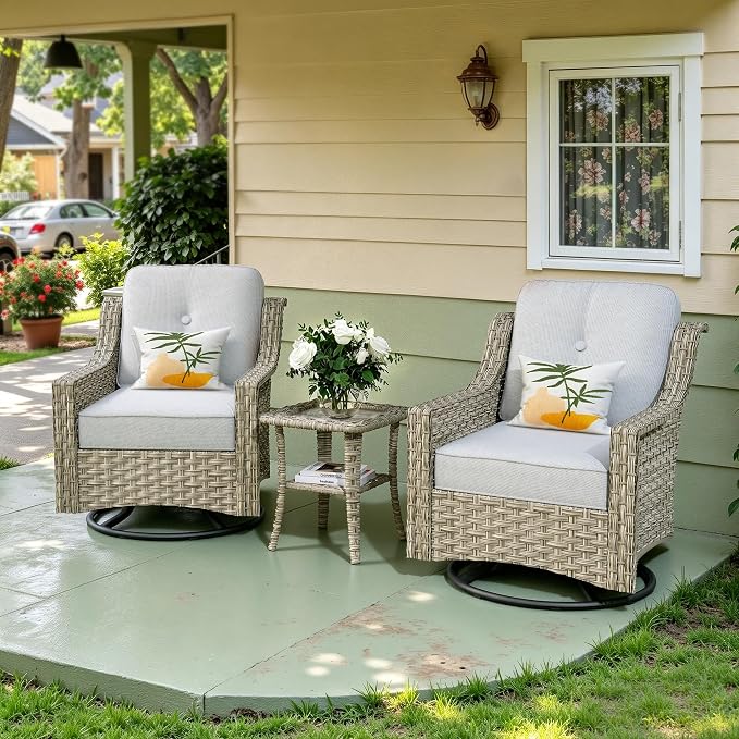 3 Piece Patio Furniture Set, Outdoor High Back Swivel Rocker Chairs Set of 2 with Side Table, All Weather Wicker Glider Chair with Thick Cushions for Backyard Balcony Porch, Grey