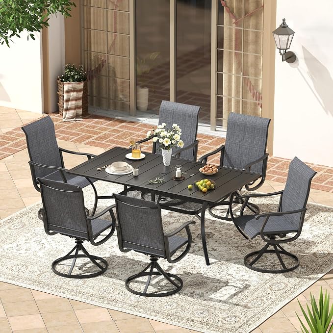 VICLLAX 7 Pieces Patio Outdoor Dining Set, 59" Metal Dining Table with Umbrella Hole and 6 Swivel Textilene Chairs for Lawn,Garden,Porch,Black/Dark Grey