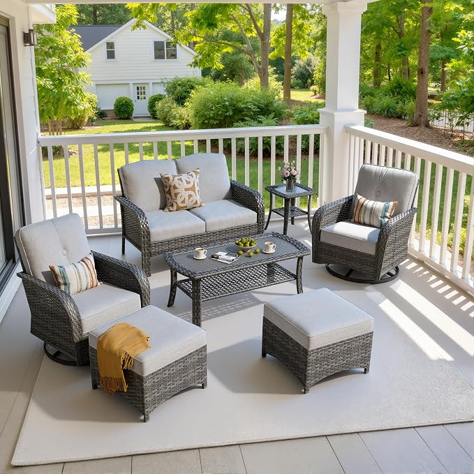 7 Piece Wicker Patio Furniture Set with Swivel Rocker Chairs, Gray | High Back Rocking Chair Sofa, Heavy Duty All Weather Rattan Outdoor Conversation Set, Thick Cushion, Balcony Porch Backyard