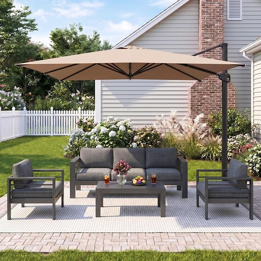 Wisteria Lane 5 Pieces Aluminum Patio Furniture Set with Umbrella, All Weather Oversized Outdoor Furniture Set with Deep Seat and Back Cushion, Patio Conversation Sets with Wide armrest, Gray & Kahki