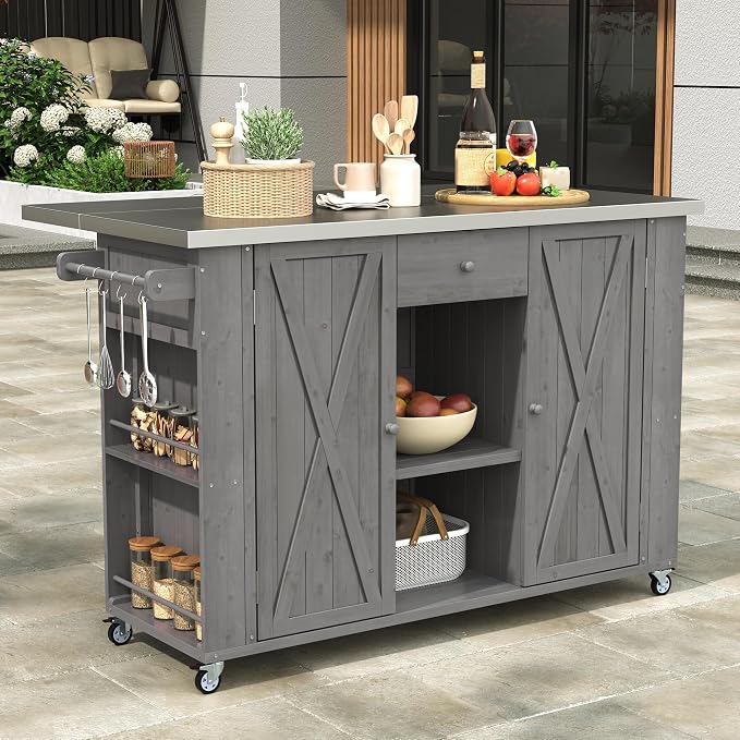 Outdoor Kitchen Island Fir Wood Kitchen Island with Stainless Steel Top,Ample Storage Space, Towel and Spice Racks and a Bottle Opener for Outdoor (Grey@53)