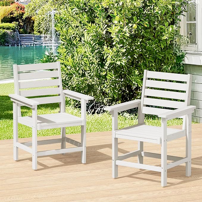 Outdoor Dining Chairs Set of 2, All Weather HDPS Patio Dining Chairs, Heavy Duty Outdoor Chair with Armrest for Backyard Deck Porch, White