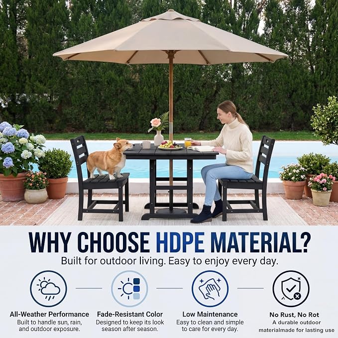 WILLIAMSPACE 37.8" Outdoor Patio Dining Set with 2 Armless Chairs, All Weather HDPE Square Dining Table with Umbrella Hole, Patio 3-Piece Bistro Set for Backyard, Balcony, Lawn, Kitchen (Black)