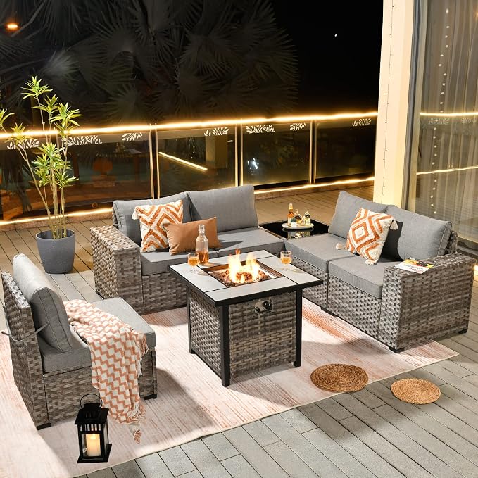 HOOOWOOO Modular Patio Outdoor Sectional Furniture Set with Gas Propane Fire Pit Table,7 Piece Wicker Conversation Sofa Set,Out Door Couch Set with Wide Arm Outside(Dark Grey)