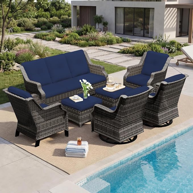 7 Pieces Patio Furniture Set, Outdoor Furniture Set with 2 Patio Swivel Rocking Chairs, 2 Patio Wicker Chair, 2 Ottoman, 1 Outdoor Wicker Sofa, Ideal for Backyard, Garden, Poolside, Blue