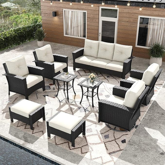 9 Pieces Outdoor Patio Furniture Set, Wicker Patio Sectional Set Conversation Wicker Swivel Chairs with Small Side Table