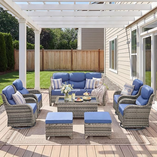 Luxury 8 Pieces Outdoor Patio Furniture Set-All Weather Wicker Swivel Rocker Patio Chairs with 6" Thick Cushion Rattan Sofa Coffee Table, Outdoor Conversation for Garden Porch Backyard(Grey/Blue)