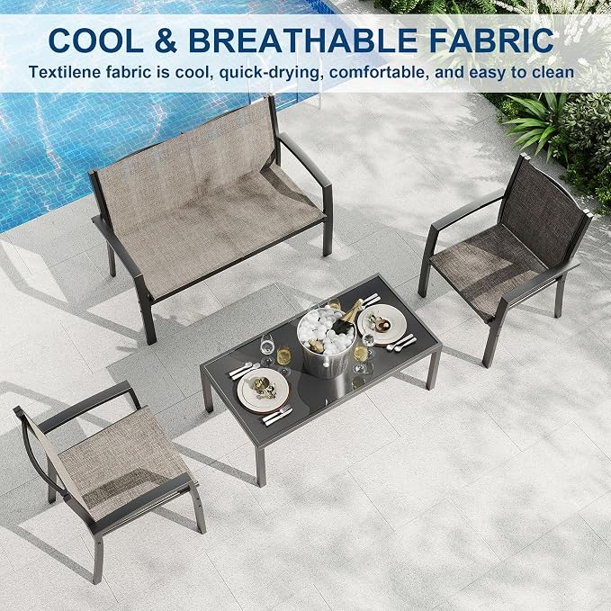 Garvee 4 Piece Patio Bistro Furniture Set, Outdoor Conversation Set with 3 Chairs, Loveseat & Glass Coffee Table, All-Weather Textilene Fabric & Steel Frame for Backyard, Poolside, Porch, Lawn - Brown