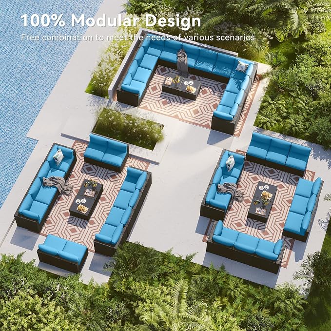 LazySunsets 14 Piece Outdoor Patio Furniture Set with Coffee Table, Outdoor Patio Furniture Set with 4'' Thicken Cushion, Wicker Rattan Outdoor Conversation Set for Backyard & Garden, Peacock Blue