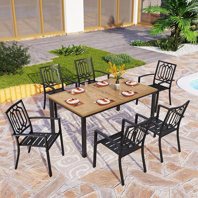 PHI VILLA 7 Pcs Outdoor Dining Set, 65" Wood-Like Table w/Umbrella Hole | Wood-Like Steel Table&Stackable Iron Chairs, Heavy-Duty Outside Furniture w/ Umbrella Hole for Patio, Deck, Yard, Porch