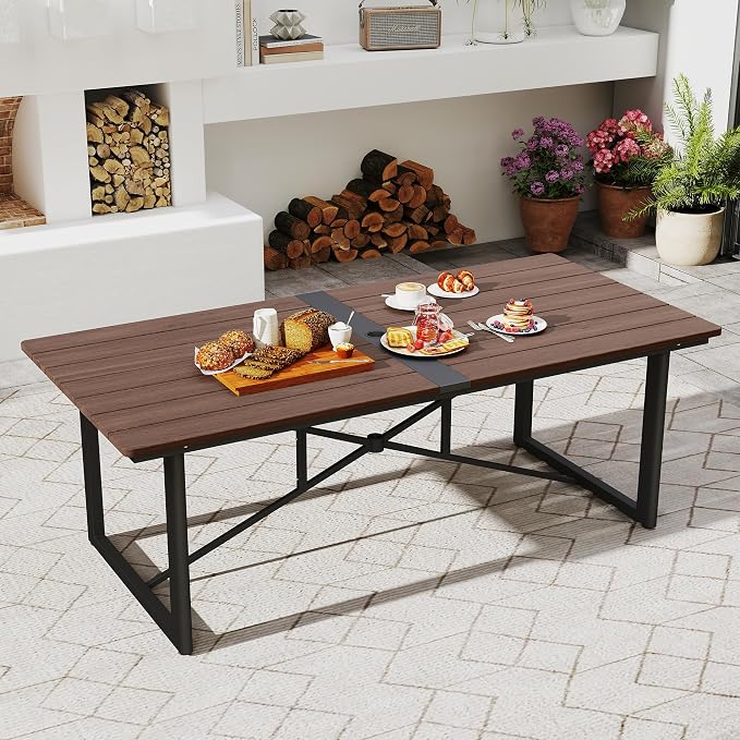 HAPPATIO Outdoor Acacia Wood Dining Table, 8-Person Patio Dining Table with Powder-Coated Aluminum Frame, Rectangle Outdoor Dining Table with Umbrella Hole for Deck Yard Garden